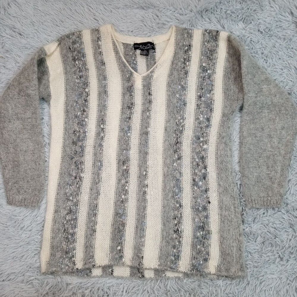 Vintage Chelsea Studio Sweater Womens M Gray Striped Oversized V Neck Mohair